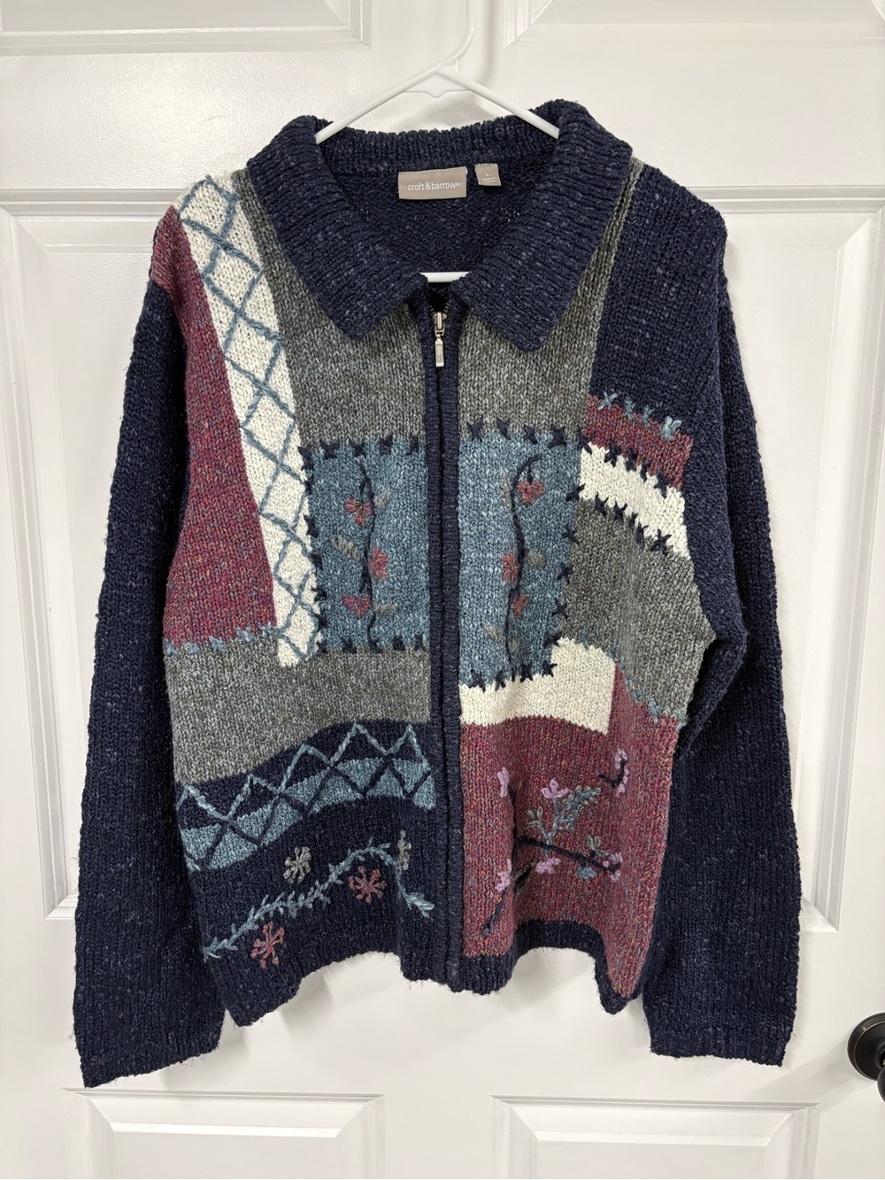 Mixed-Panel Patchwork Zip Front Sweater Cardigan - Navy, Gray & Mauve Large